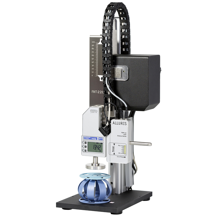 Motorized test stand with force gauge and laser distance sensor, detailed picture handwheel of force test stand FMT-220